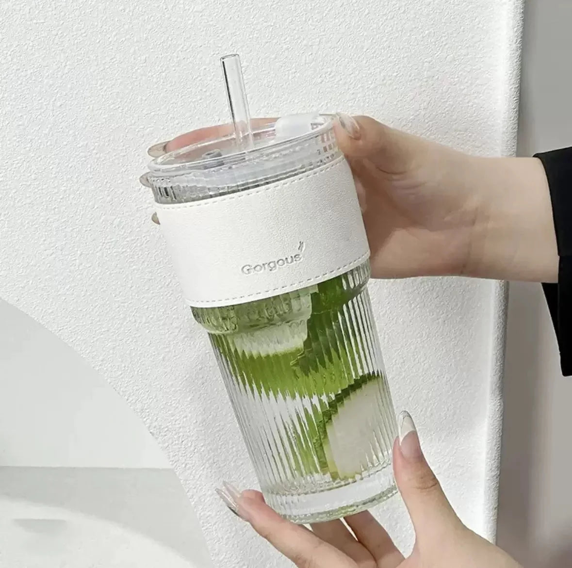 Aesthetic Striped Glass Cup (600ml) with Lid & Straw