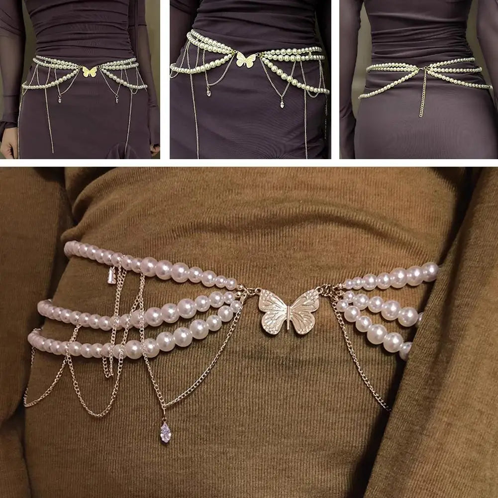 Y2K Multi-Layer Pearl Waist Chain – Retro Glam