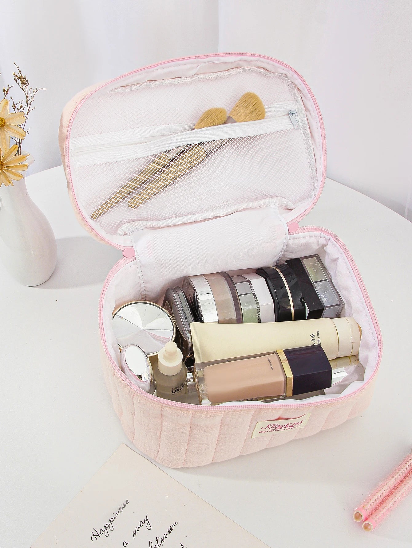 Pink Quilted Makeup Bag – Soft Travel Pouch