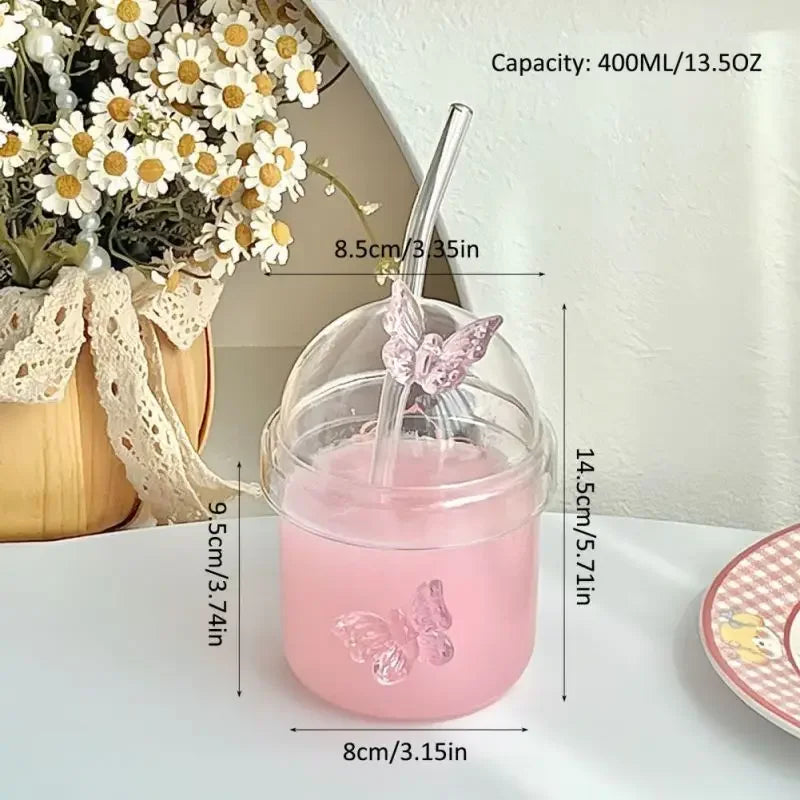 Butterfly Glass Tumbler (400ml) with Lid & Straw – Aesthetic Sipper