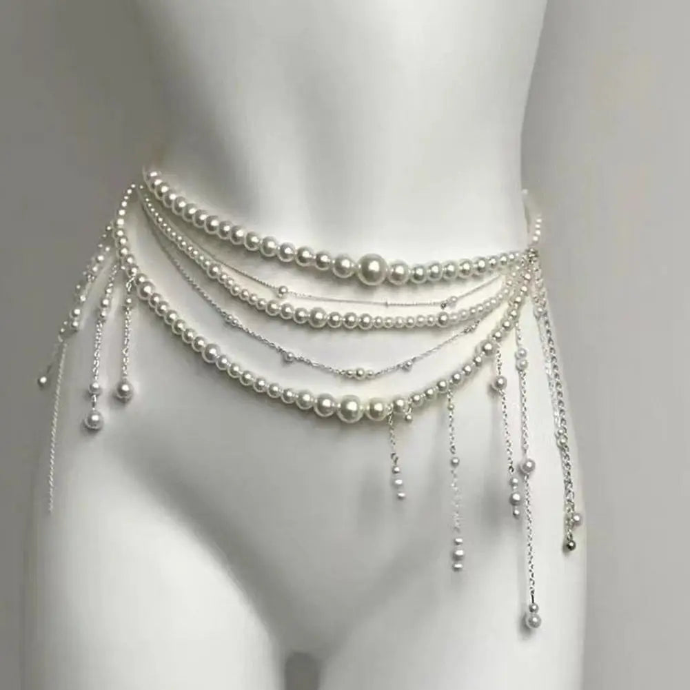Y2K Multi-Layer Pearl Waist Chain – Retro Glam