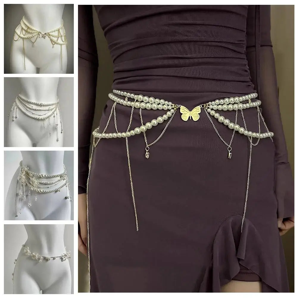 Y2K Multi-Layer Pearl Waist Chain – Retro Glam