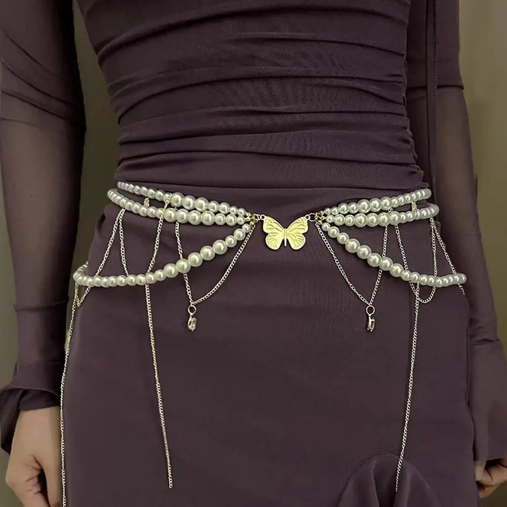 Y2K Multi-Layer Pearl Waist Chain – Retro Glam