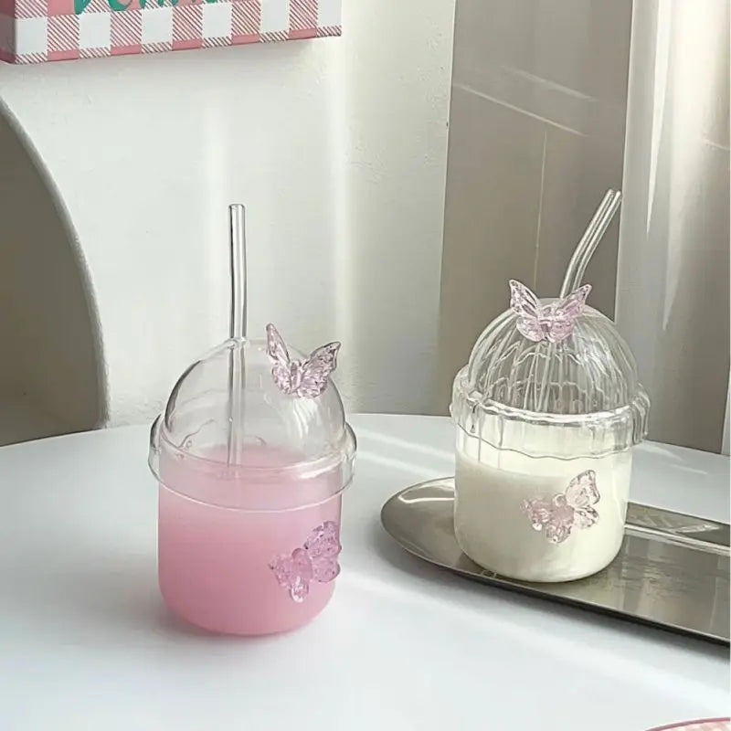 Butterfly Glass Tumbler (400ml) with Lid & Straw – Aesthetic Sipper
