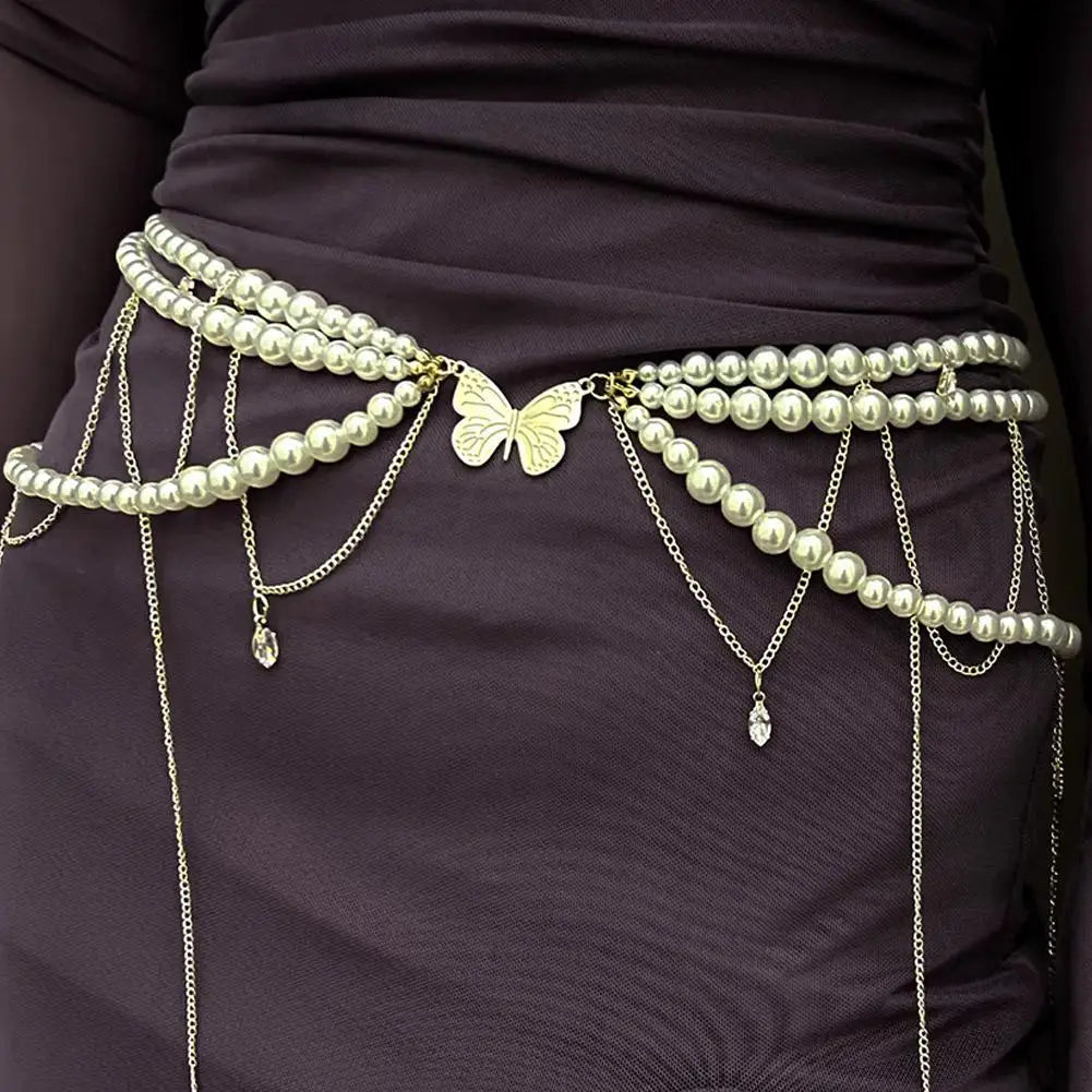 Y2K Multi-Layer Pearl Waist Chain – Retro Glam