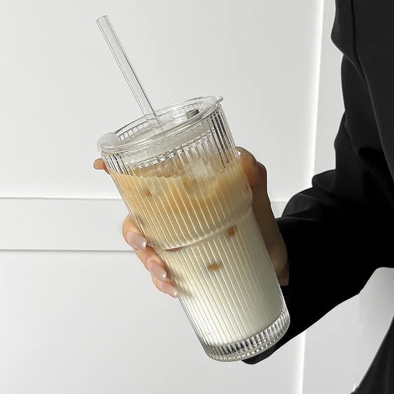 Aesthetic Striped Glass Cup (600ml) with Lid & Straw