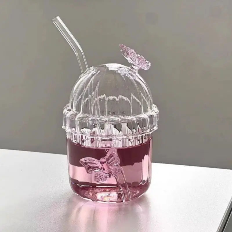 Butterfly Glass Tumbler (400ml) with Lid & Straw – Aesthetic Sipper
