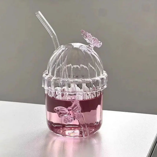 Butterfly Glass Tumbler (400ml) with Lid & Straw – Aesthetic Sipper