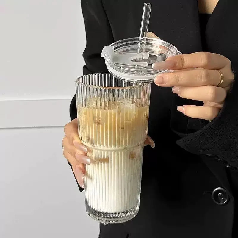 Aesthetic Striped Glass Cup (600ml) with Lid & Straw