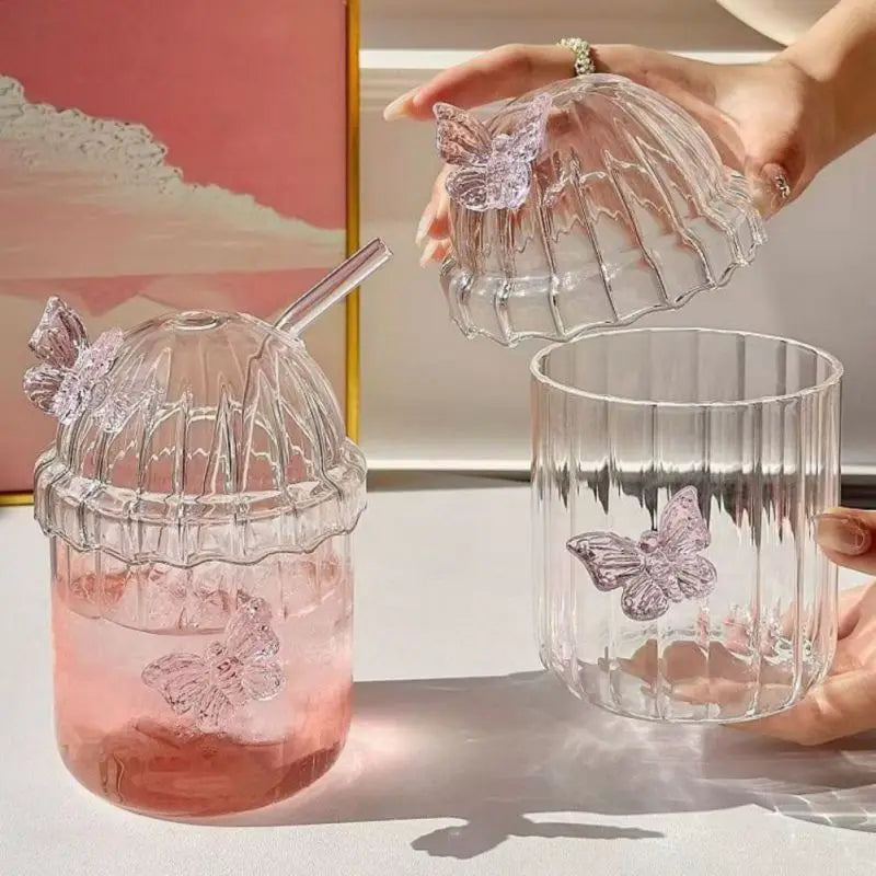 Butterfly Glass Tumbler (400ml) with Lid & Straw – Aesthetic Sipper