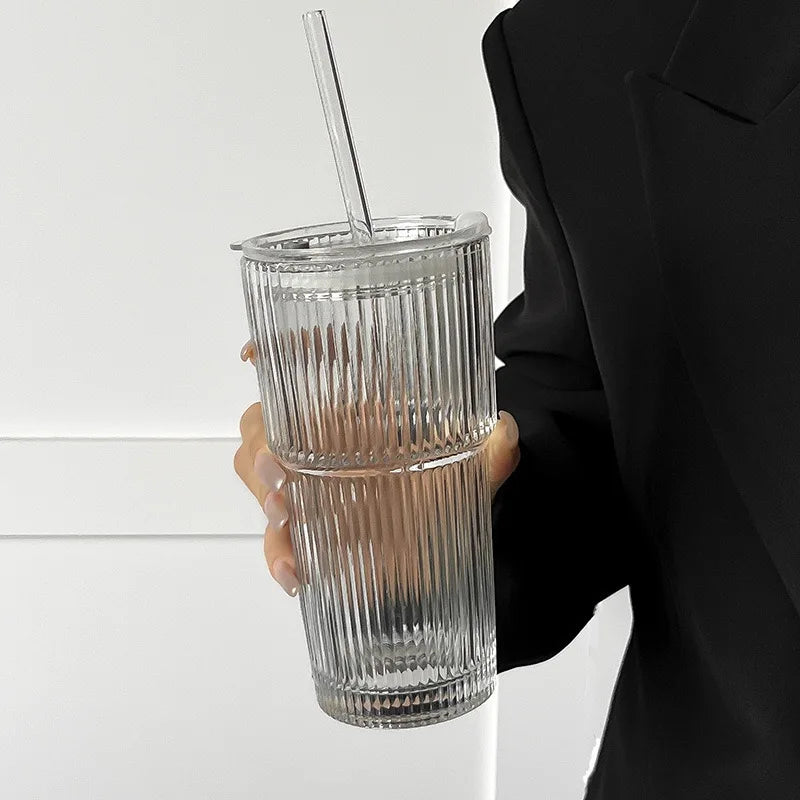 Aesthetic Striped Glass Cup (600ml) with Lid & Straw