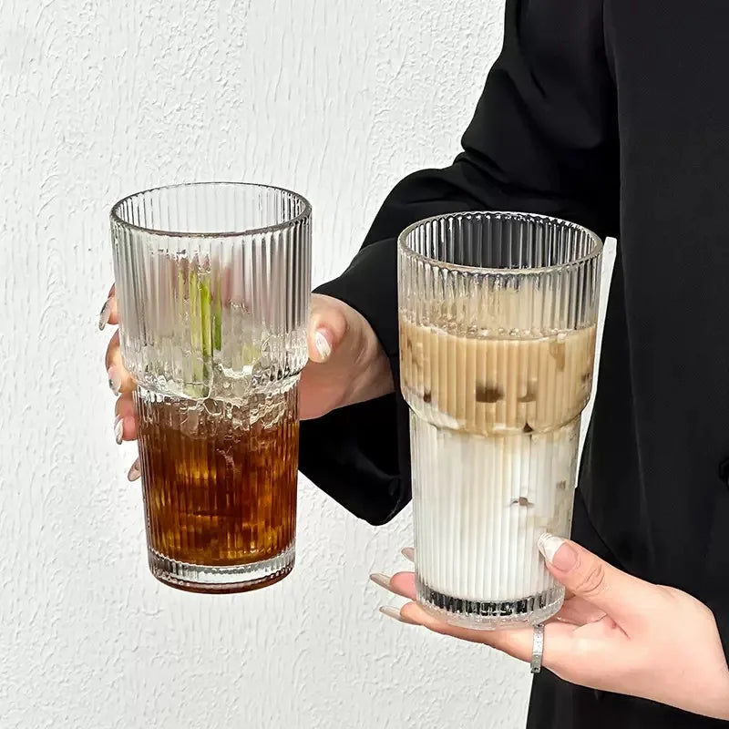 Aesthetic Striped Glass Cup (600ml) with Lid & Straw