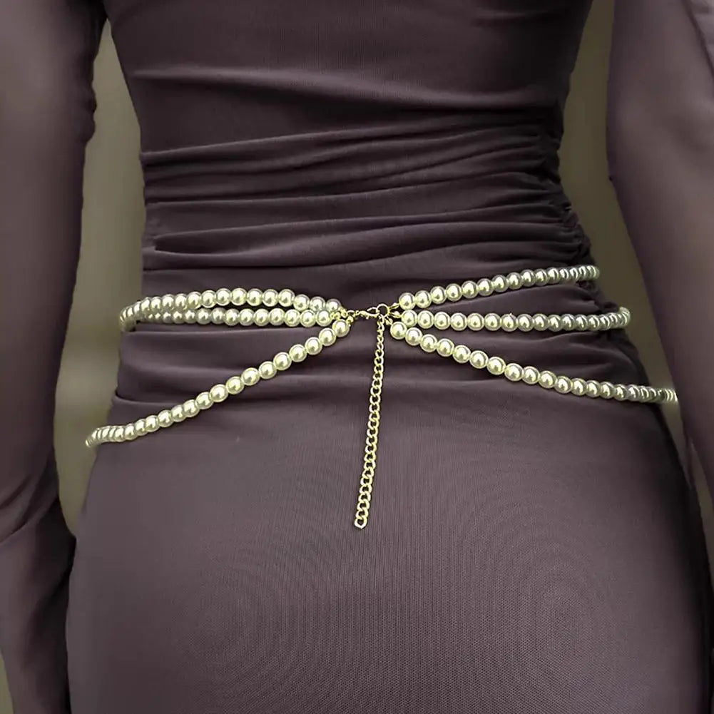 Y2K Multi-Layer Pearl Waist Chain – Retro Glam