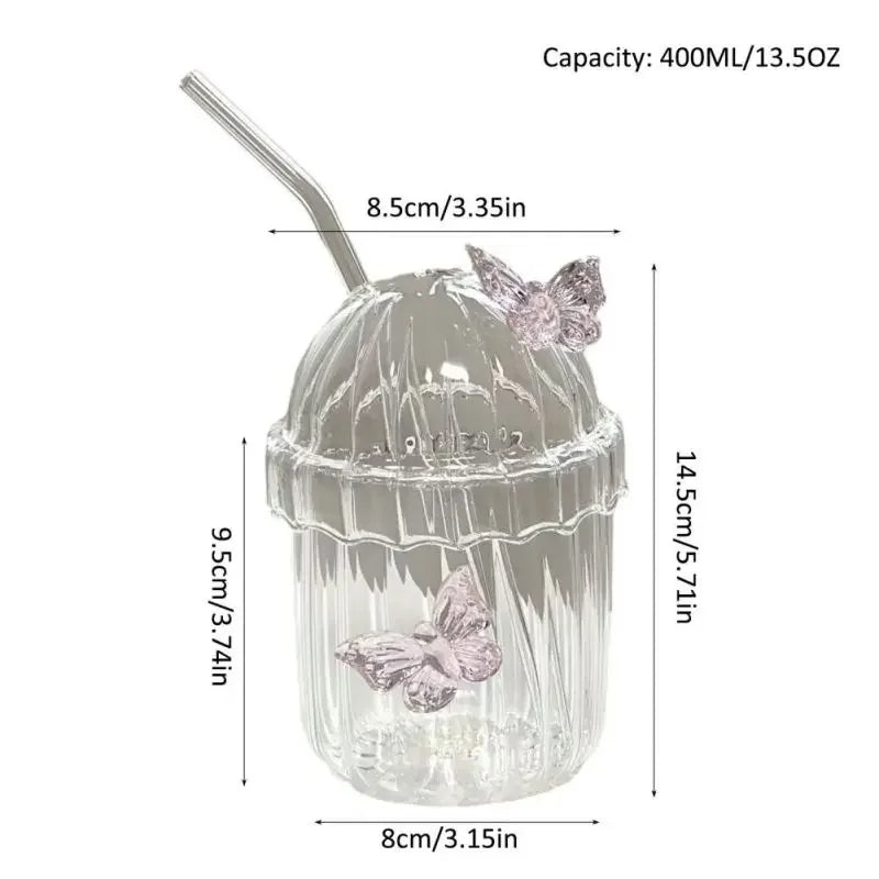 Butterfly Glass Tumbler (400ml) with Lid & Straw – Aesthetic Sipper