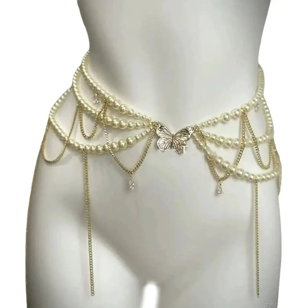 Y2K Multi-Layer Pearl Waist Chain – Retro Glam