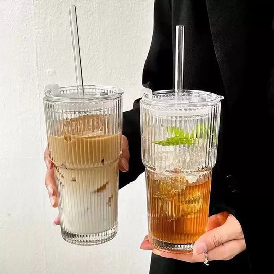 Aesthetic Striped Glass Cup (600ml) with Lid & Straw