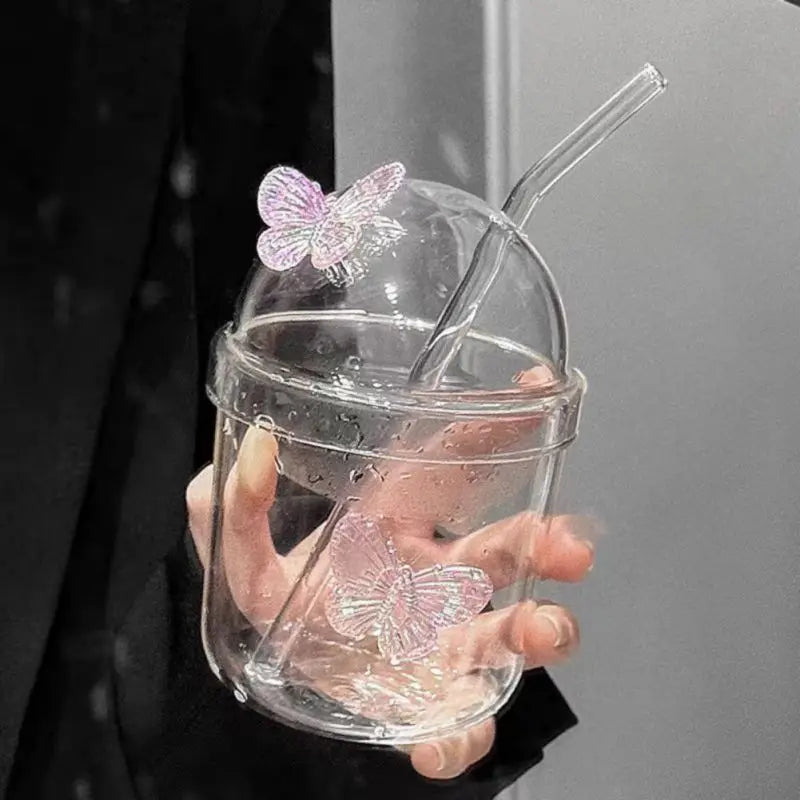 Butterfly Glass Tumbler (400ml) with Lid & Straw – Aesthetic Sipper