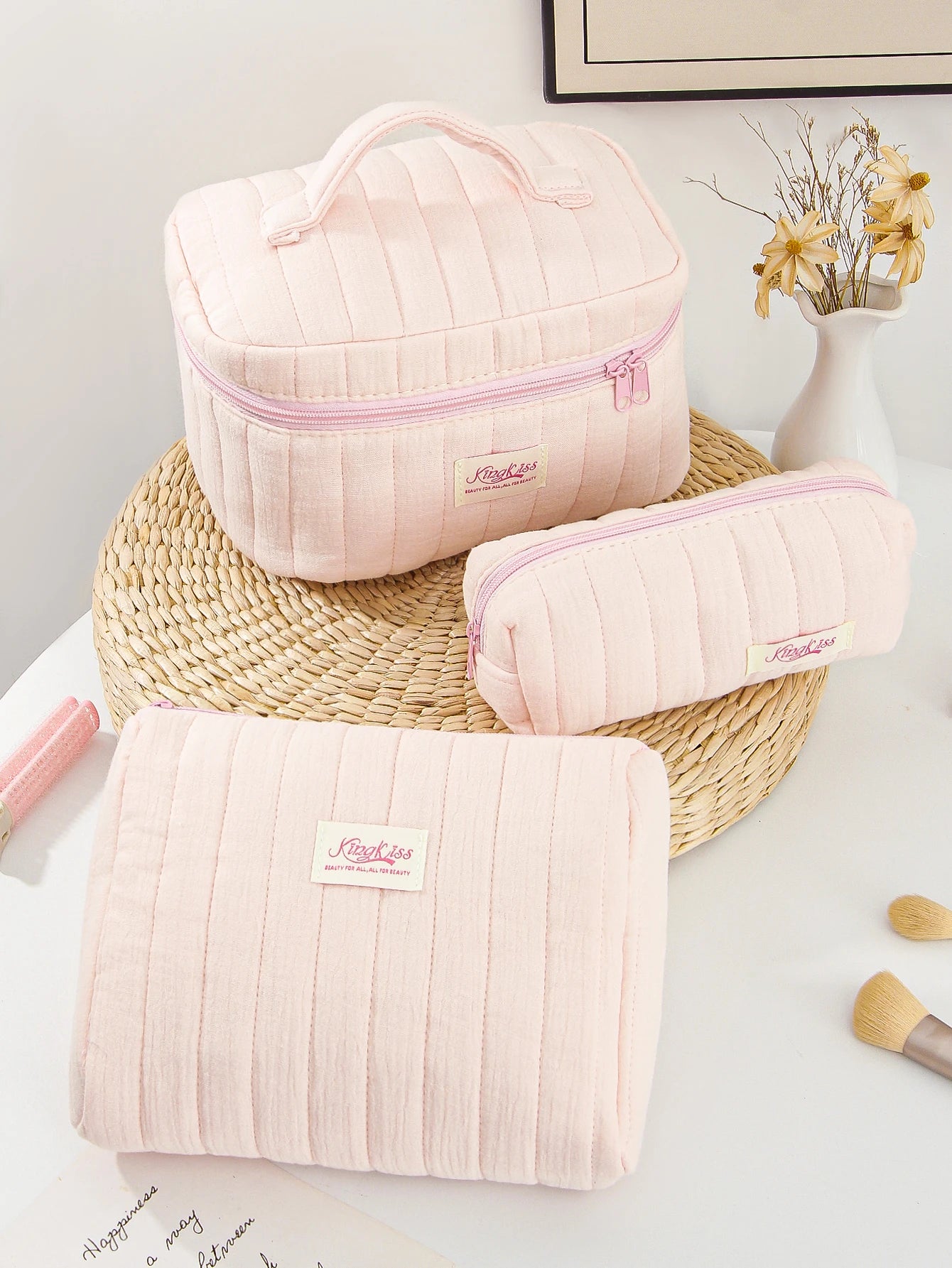 Pink Quilted Makeup Bag – Soft Travel Pouch