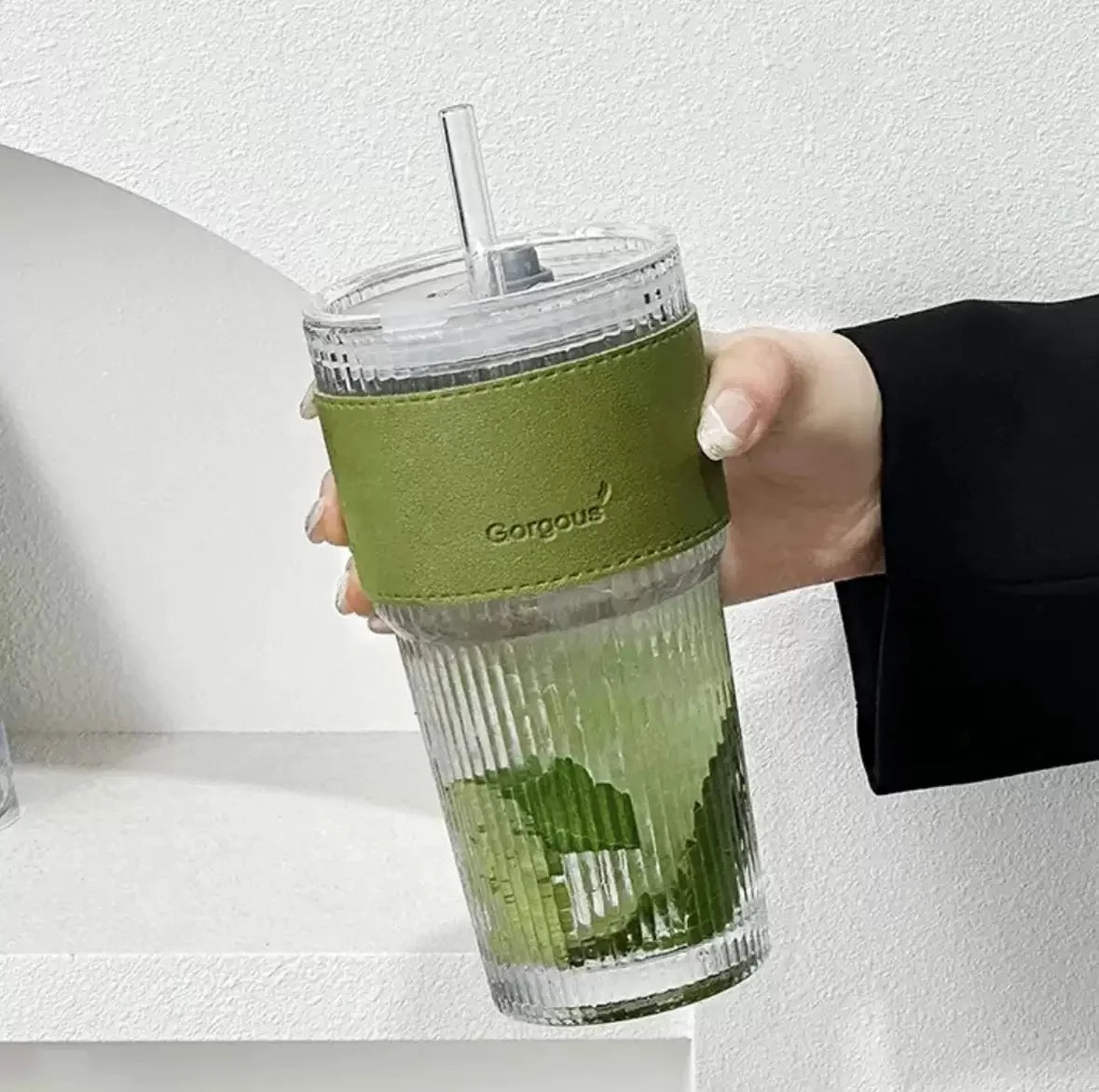 Aesthetic Striped Glass Cup (600ml) with Lid & Straw