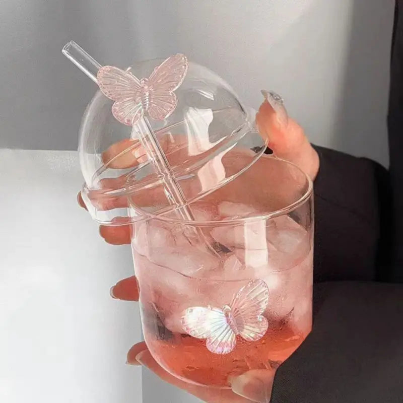 Butterfly Glass Tumbler (400ml) with Lid & Straw – Aesthetic Sipper