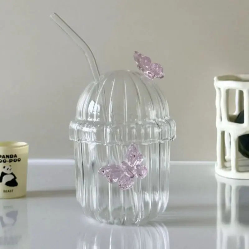 Butterfly Glass Tumbler (400ml) with Lid & Straw – Aesthetic Sipper