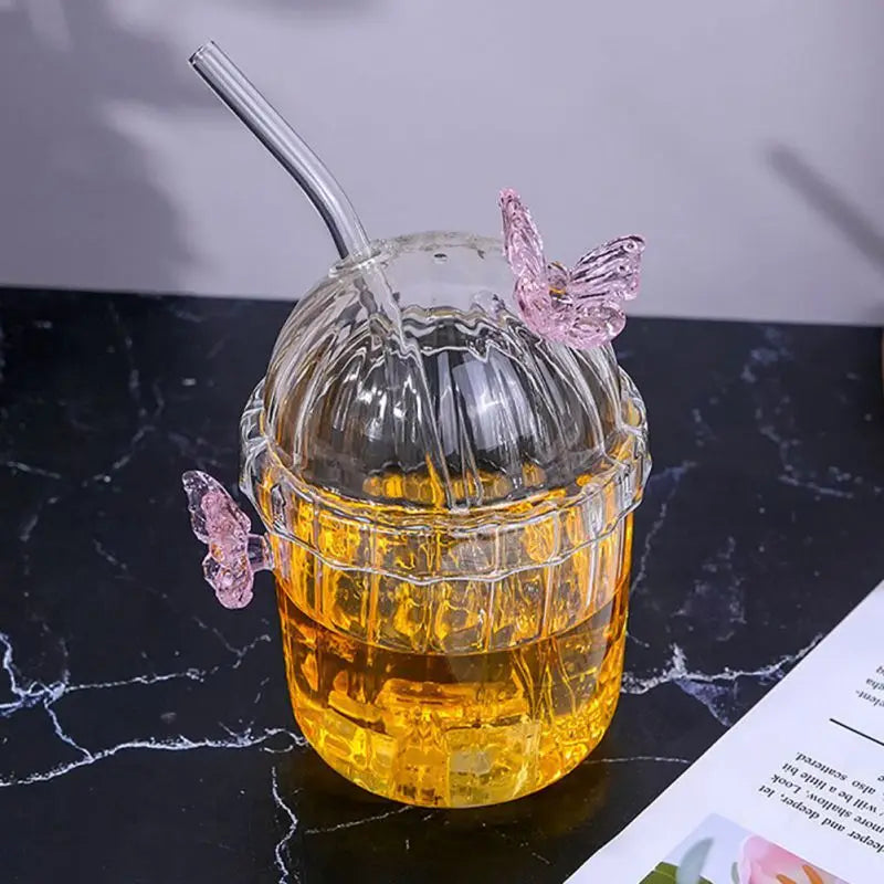Butterfly Glass Tumbler (400ml) with Lid & Straw – Aesthetic Sipper