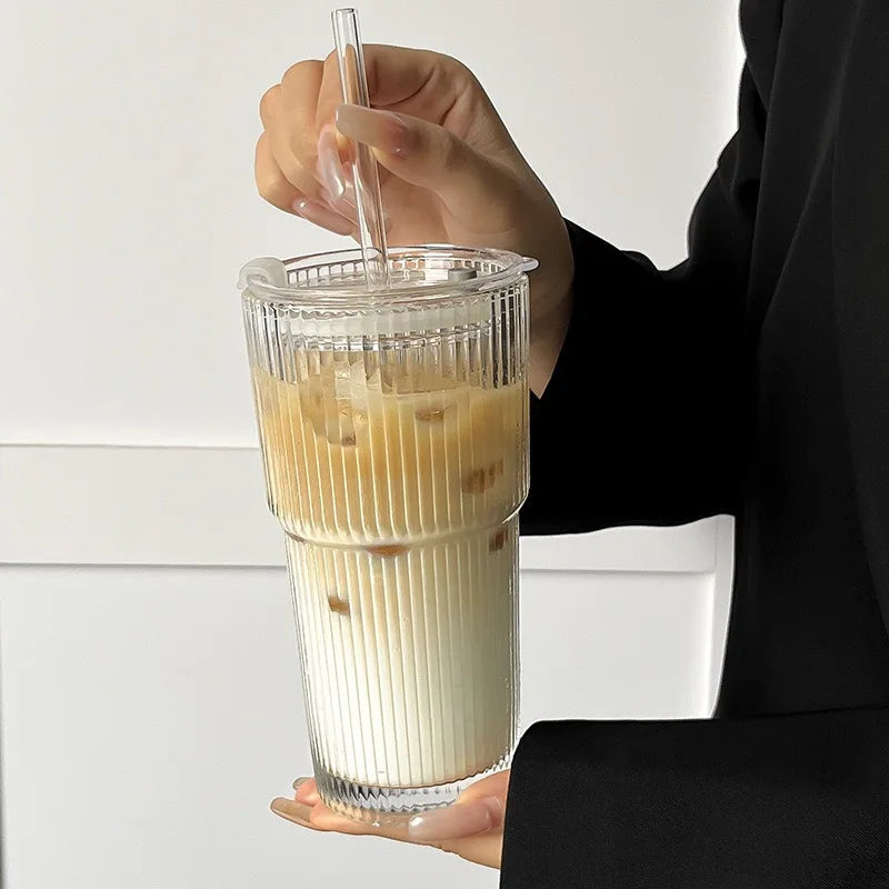 Aesthetic Striped Glass Cup (600ml) with Lid & Straw
