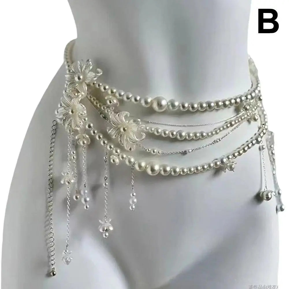 Y2K Multi-Layer Pearl Waist Chain – Retro Glam