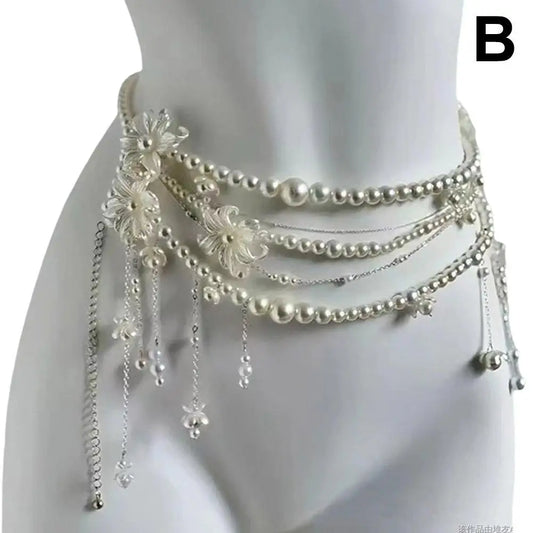 Y2K Multi-Layer Pearl Waist Chain – Retro Glam