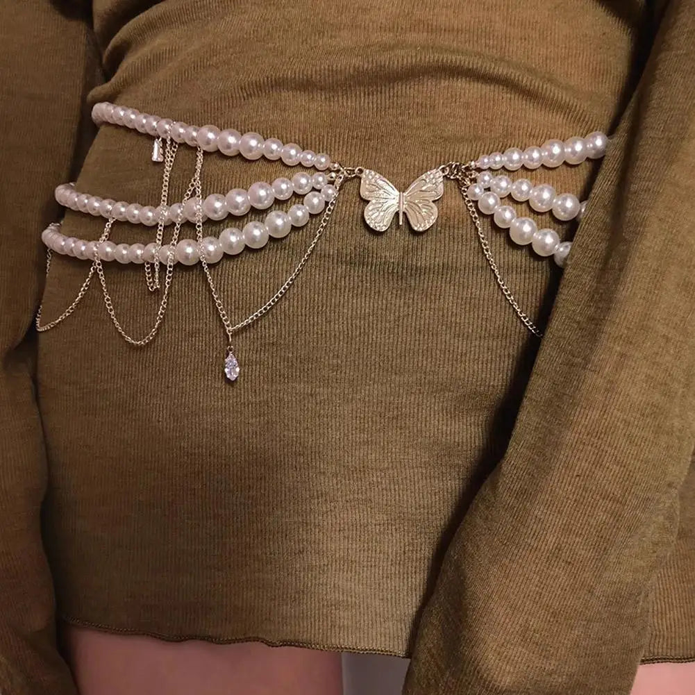 Y2K Multi-Layer Pearl Waist Chain – Retro Glam