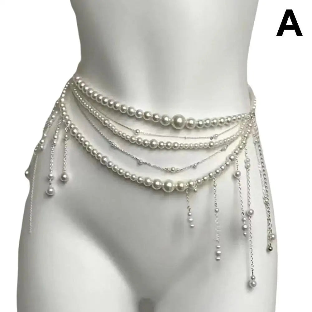 Y2K Multi-Layer Pearl Waist Chain – Retro Glam