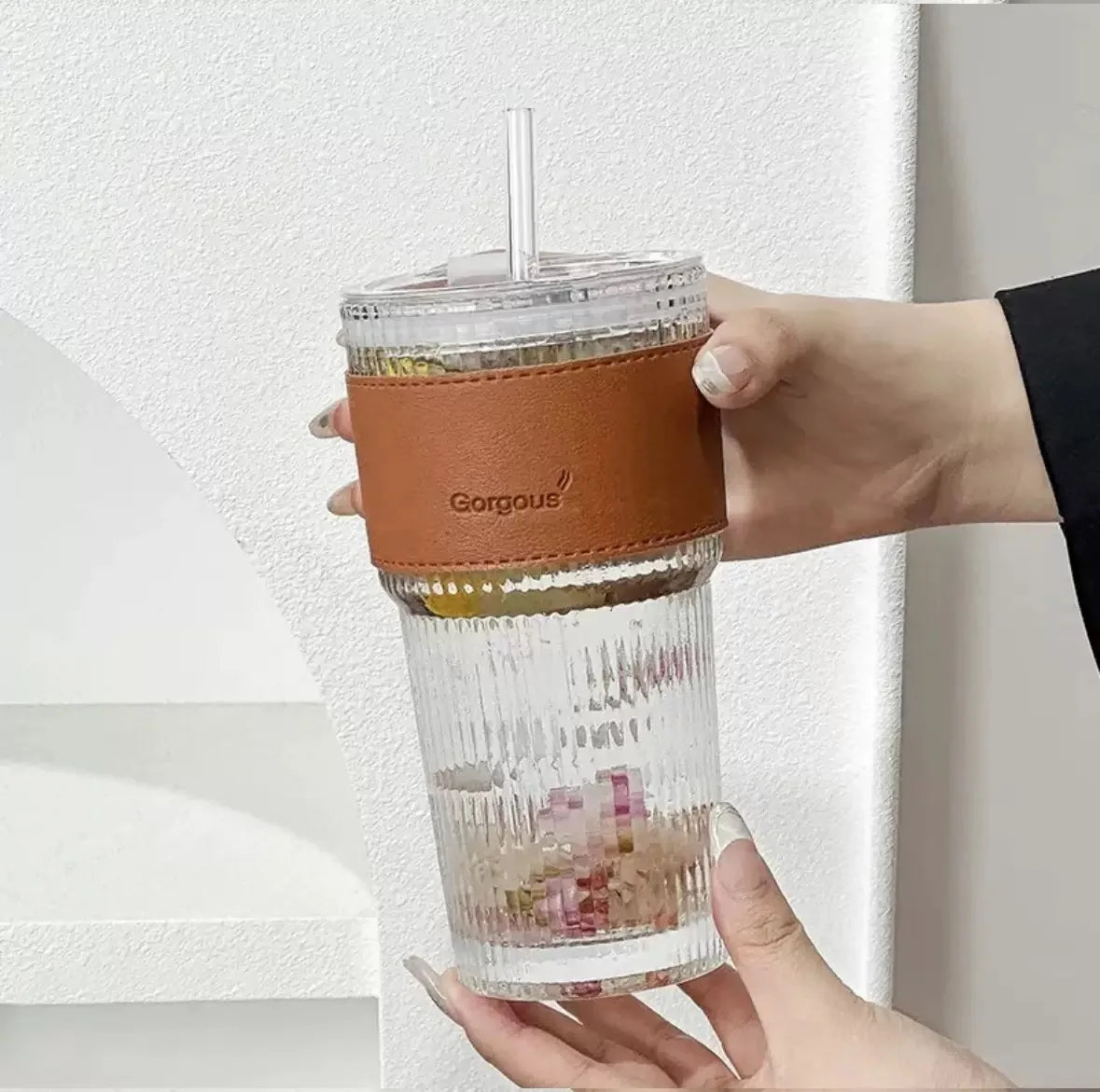 Aesthetic Striped Glass Cup (600ml) with Lid & Straw