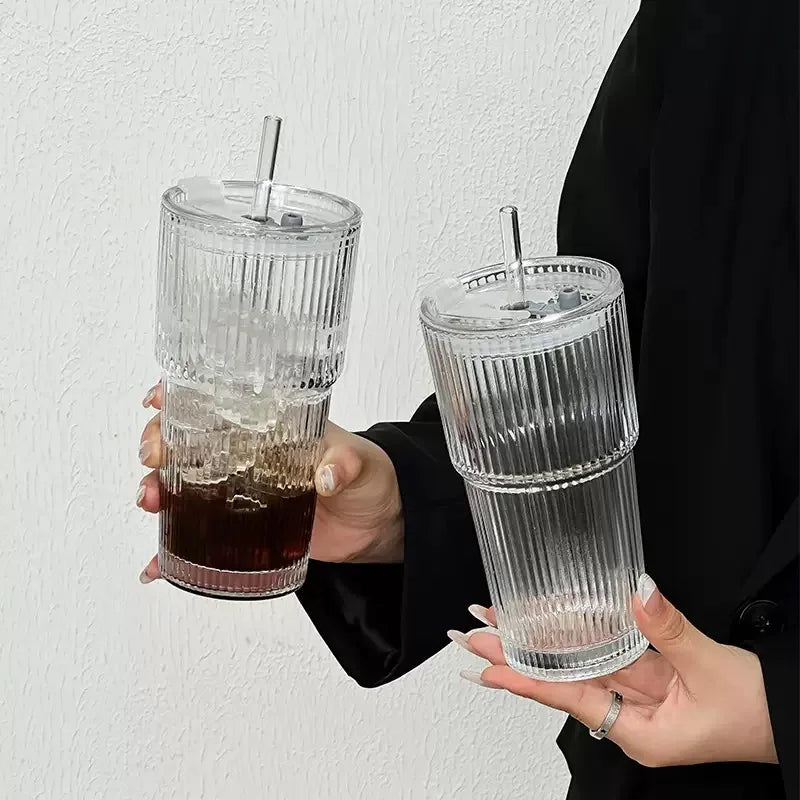 Aesthetic Striped Glass Cup (600ml) with Lid & Straw