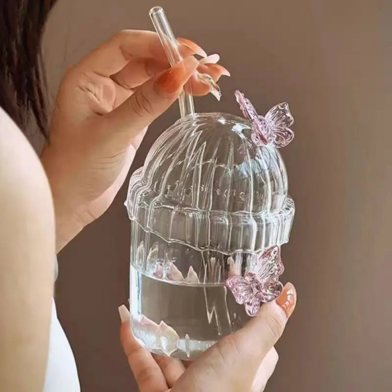 Butterfly Glass Tumbler (400ml) with Lid & Straw – Aesthetic Sipper