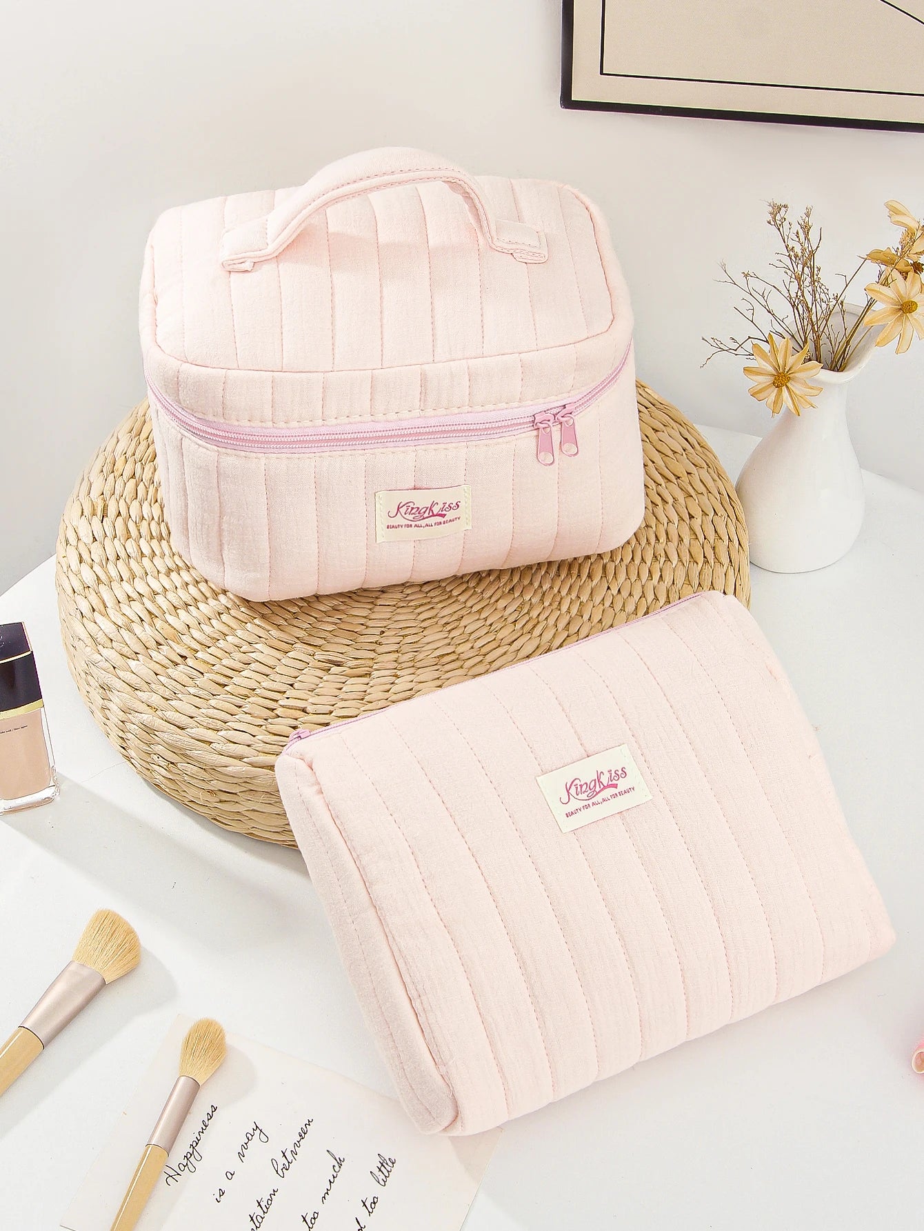 Pink Quilted Makeup Bag – Soft Travel Pouch