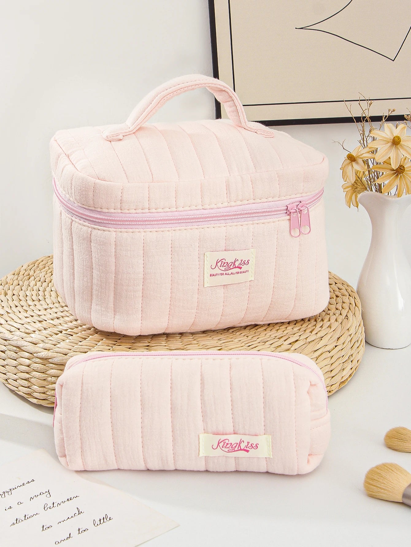 Pink Quilted Makeup Bag – Soft Travel Pouch
