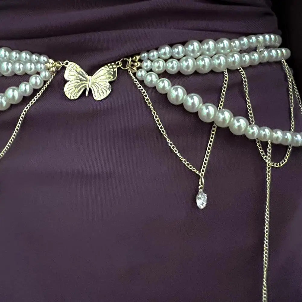Y2K Multi-Layer Pearl Waist Chain – Retro Glam