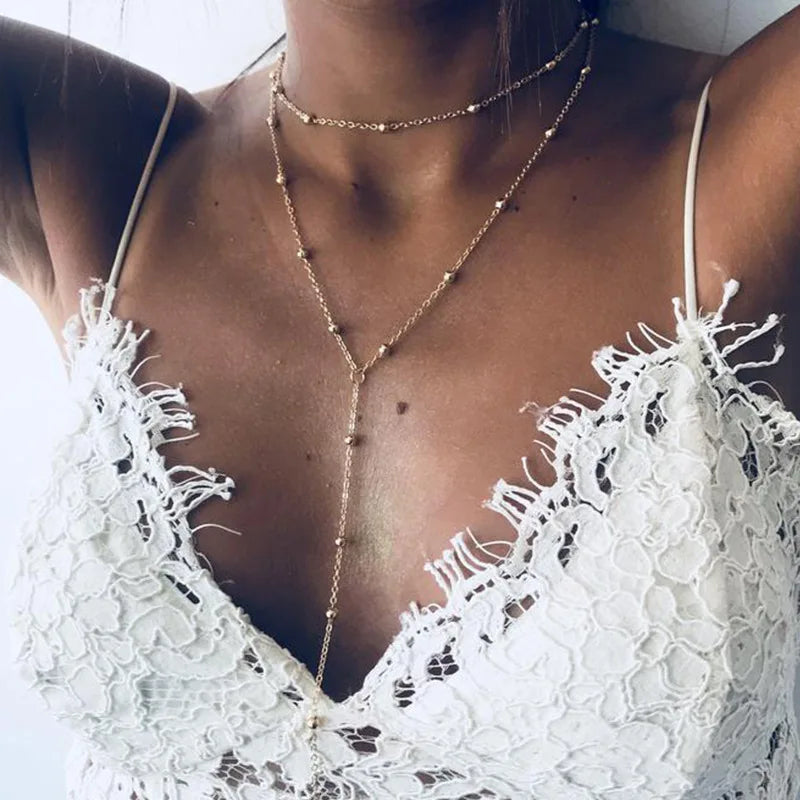 Geometric Tassel Bead Necklace – Minimal Collarbone