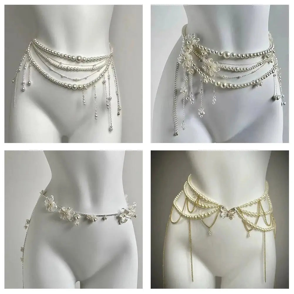 Y2K Multi-Layer Pearl Waist Chain – Retro Glam