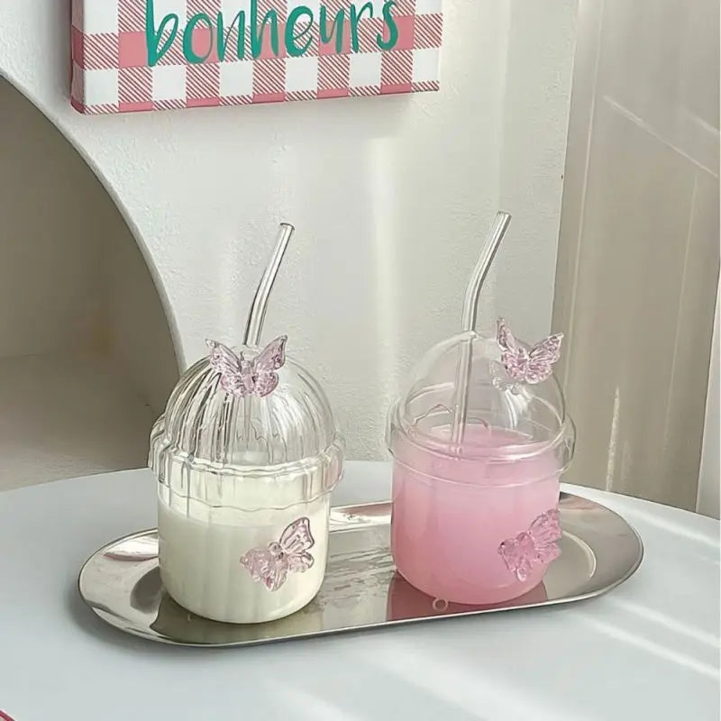 Butterfly Glass Tumbler (400ml) with Lid & Straw – Aesthetic Sipper