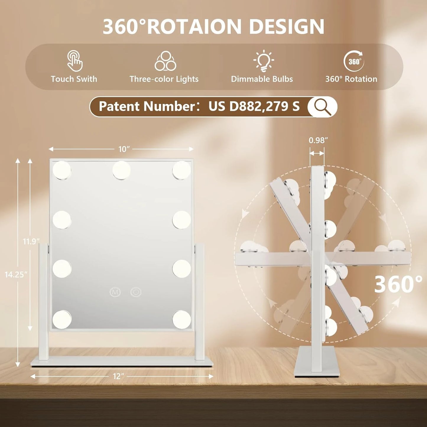 Pro Light Vanity Mirror – 9/12 LED, 3 Colors, 360°