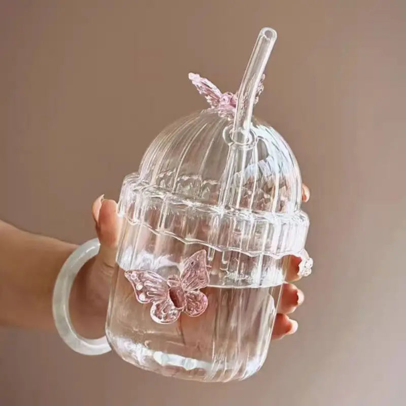Butterfly Glass Tumbler (400ml) with Lid & Straw – Aesthetic Sipper