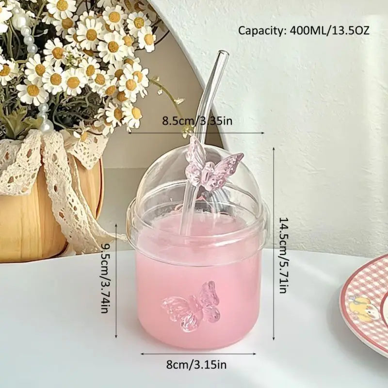 Butterfly Glass Tumbler (400ml) with Lid & Straw – Aesthetic Sipper